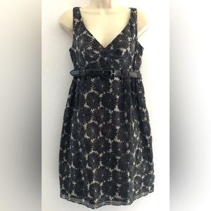 Milly of New York Sleeveless V-neck Silk Blend A-line Dress Black Floral on Tan